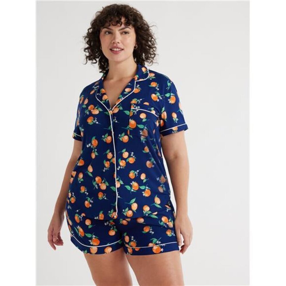 Women’s Short Sleeve Notch Collar Top and Shorts Knit Pajama Set - Picture 2 of 6